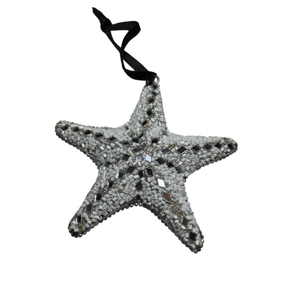 Beaded Star Ornament With Black Ribbon Hanging Loop - White & Silver Decorative - Picture 2 of 4
